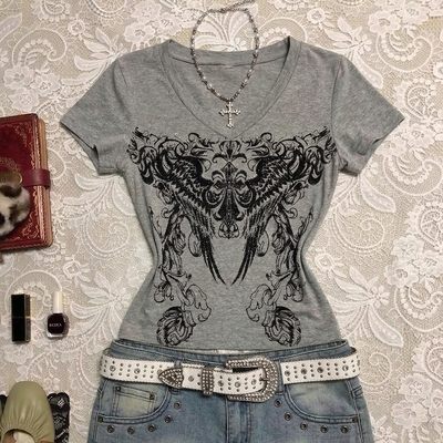美式复古灰色V领十字翅膀印花T恤女夏季辣妹收腰显瘦修身短款上衣