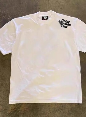 纯棉疑问小猫花灰色短袖T恤女夏2024新款美式复古潮半袖体恤上衣