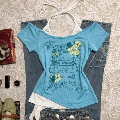 Y2K千禧风蓝底花卉印花挂脖T恤女美式一字肩假两件辣妹短袖上衣女