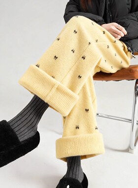 梨形身材本命裤~奶黄色阔腿裤女秋冬加绒针织直筒百搭休闲裤保暖