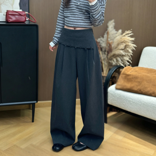 26秋季新款新中式盘扣翻折腰阔腿裤女人棉混纺压褶宽松休闲5352