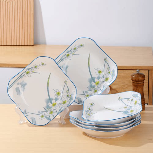 釉下彩水仙花如意四方盘陶瓷家用盘子正方形炒菜盘深盘微波炉适用