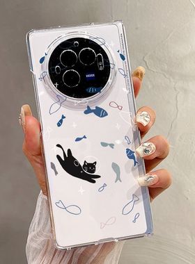 适用VIVOXFold5手机壳折叠屏保护套蓝色晕染黑猫小鱼UV透明壳