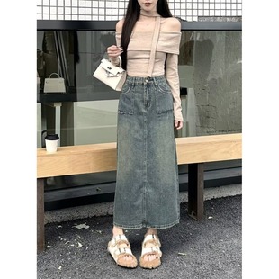复古牛仔半身裙女大码 后开叉包臀a字裙子 春秋高腰遮胯显瘦中长款