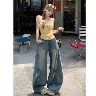 宽松显瘦镰刀香蕉裤 复古破洞弯刀牛仔裤 大码 高腰廓形阔腿裤 女美式