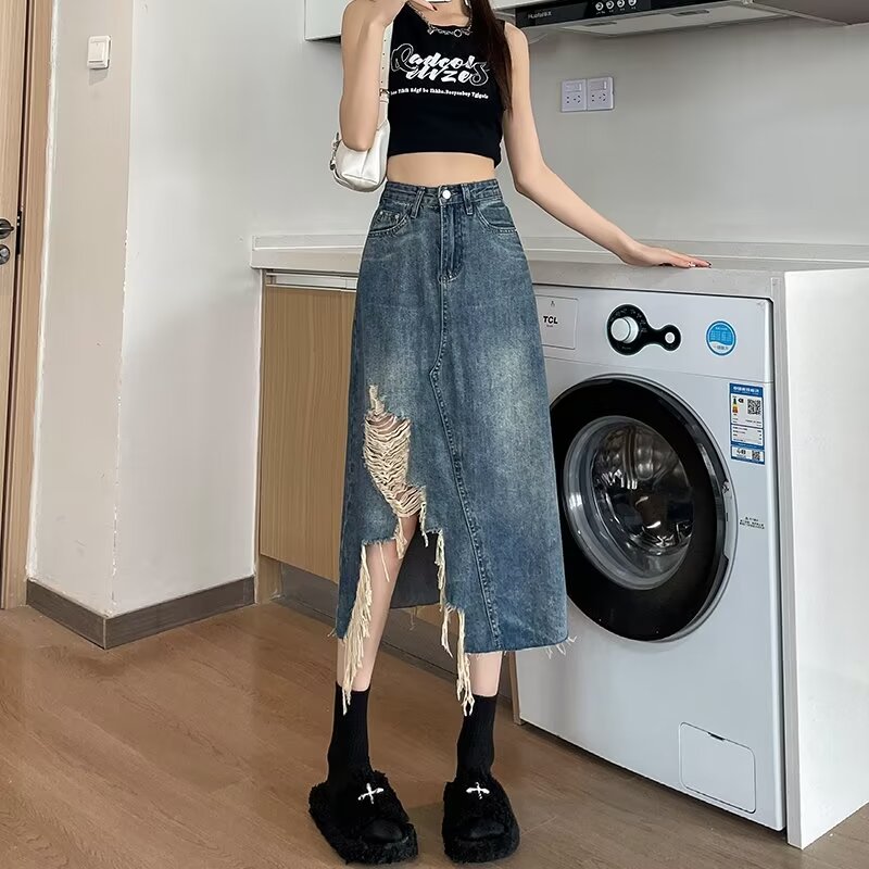 港风牛仔半身裙中长款包臀长裙