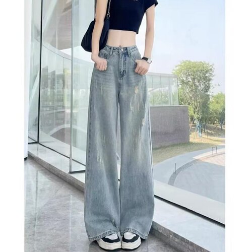 破洞牛仔裤女高腰大码直筒阔腿裤