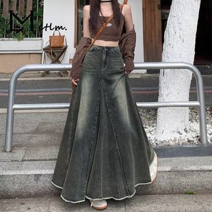 美式 鱼尾大摆裙 复古牛仔半身裙女高个子伞裙休闲a字裙春秋中长款