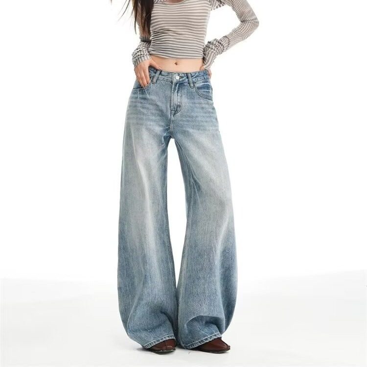 美式浅蓝色弯刀牛仔裤女高个子宽松显瘦拖地长裤遮肉直筒阔腿裤子,女装/女士精品,牛仔裤,淘宝优惠券,粉丝福利购,淘宝优惠卷