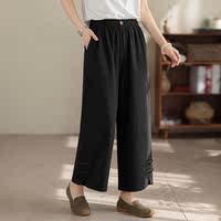 Cotton and linen women's summer 9-inch pants, loose, large-sized, thin, elastic waist, button-up, versatile, casual, straight-leg wide-leg pants thumbnail 4
