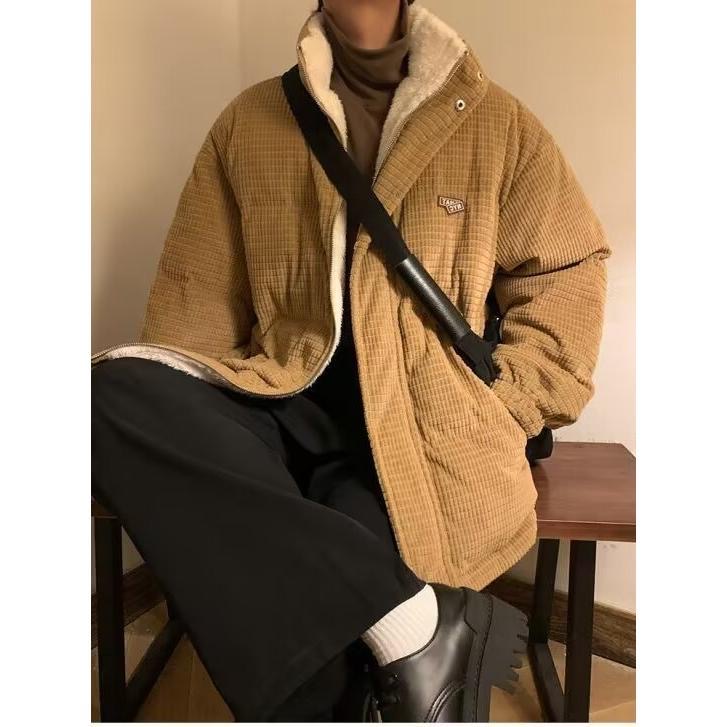 潮牌灯芯绒立领棉服男冬季新款羊羔绒外套加绒加厚情侣面包服宽松