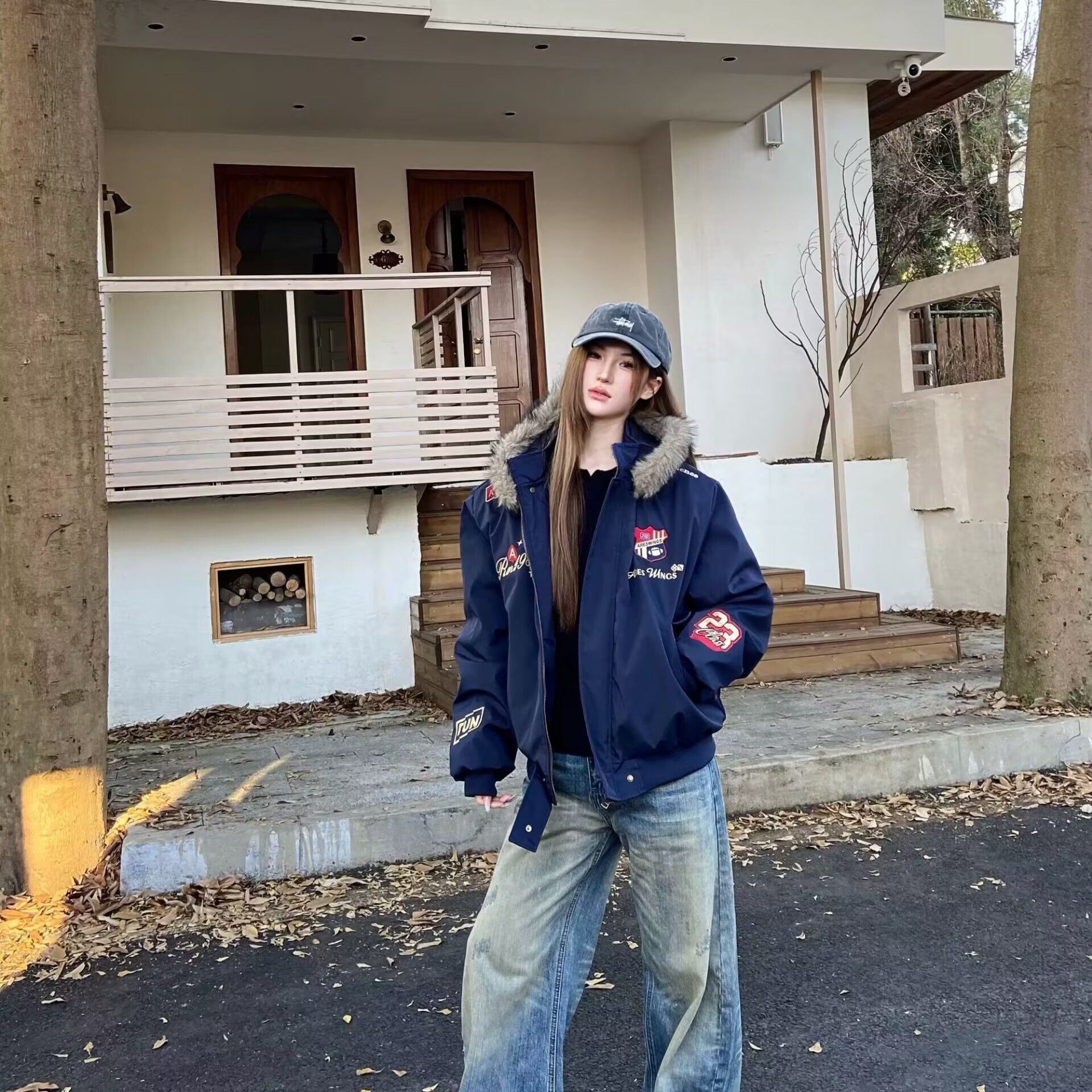 甜酷情侣棉服刺绣徽章座山雕棉衣外套男女加厚保暖秋冬季新款连帽