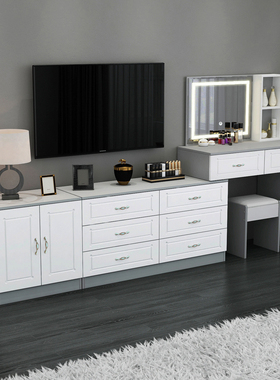 梳妆台灰色简约经济型卧室客厅欧式电视柜伸缩带灯黑白化妆桌镜