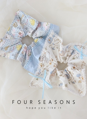 小清新氧气蓝色方形大肠发圈可爱小狗兔子印花发绳方巾少女心发饰