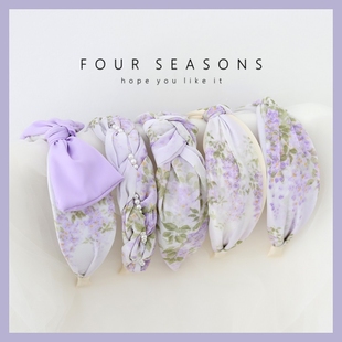 超仙唯美紫色碎花珍珠辫子发箍交叉蝴蝶结头箍田园风度假拍照头饰