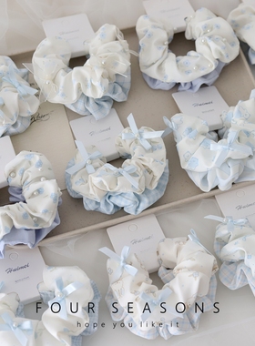 小清新蓝色碎花大肠发圈甜美简约百搭春夏发绳皮筋少女心发饰头饰