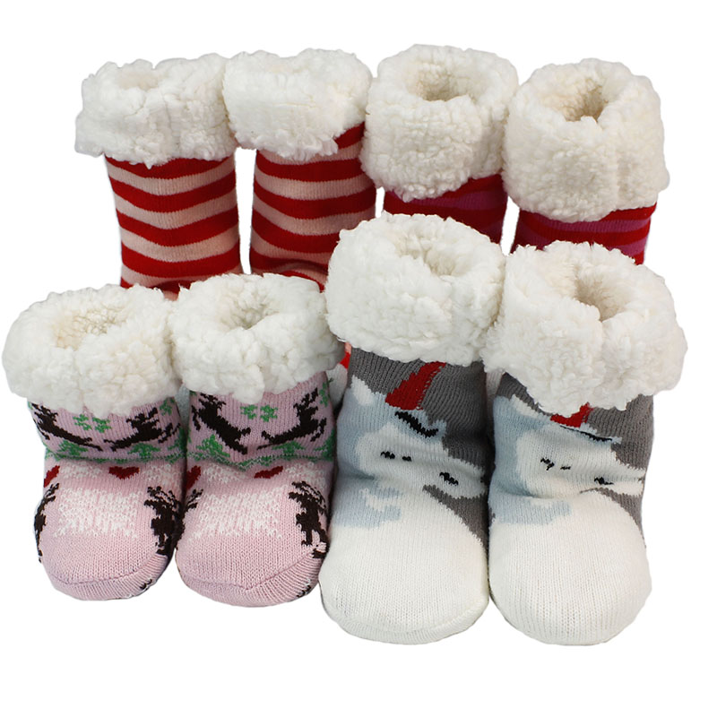 儿童加厚保暖羊羔绒防滑地板袜子冬宝宝居家卡通可爱圣诞袜套中筒