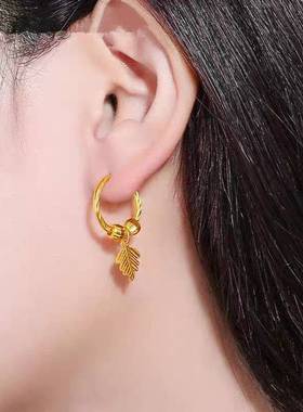 爆闪真金色耳环女枫叶情黄金色耳坠百搭显瘦车花沙金耳圈送妈妈礼