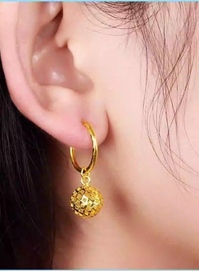 新中式真金色圆球耳环女轻奢高级感沙金耳圈2026新款爆款气质耳饰