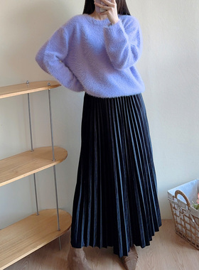 丝绒百褶半身裙女春秋季2024新款黑色a字大摆舞蹈高腰气质长裙子