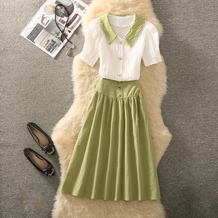 女夏季 2025年新款 时尚 学院风套装 洋气显瘦减龄上衣裙子两件套 薄款