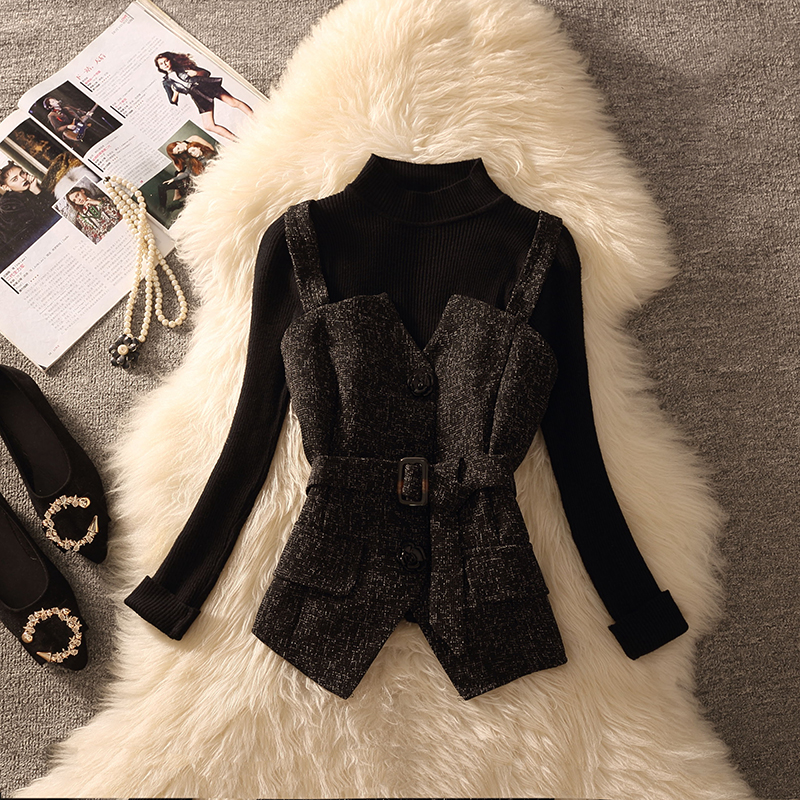 2025新款时尚气质韩版修身显瘦绑带无袖背心马甲内搭毛衣两件套