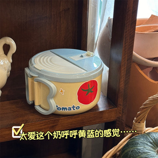 可爱番茄304不锈钢泡面碗带盖学生宿舍可沥水吃饭碗筷套装 大容量