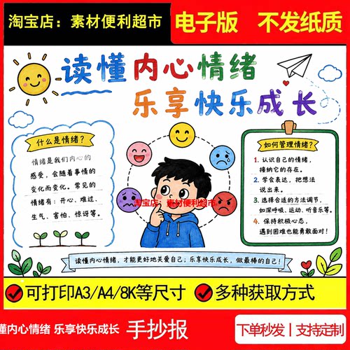 读懂内心情绪 乐享快乐成长手抄报电子模板管理情绪线稿手绘小报