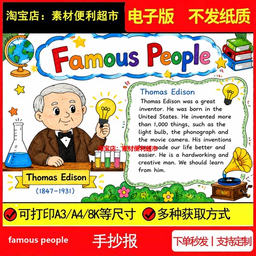 famous people名人介绍英语手抄报电子模板爱迪生发明家线稿手绘