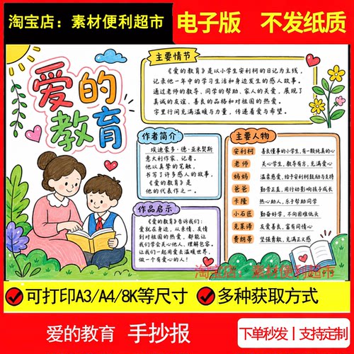 爱的教育手抄报电子模板好书推荐年级快乐读书阅读手绘儿童画