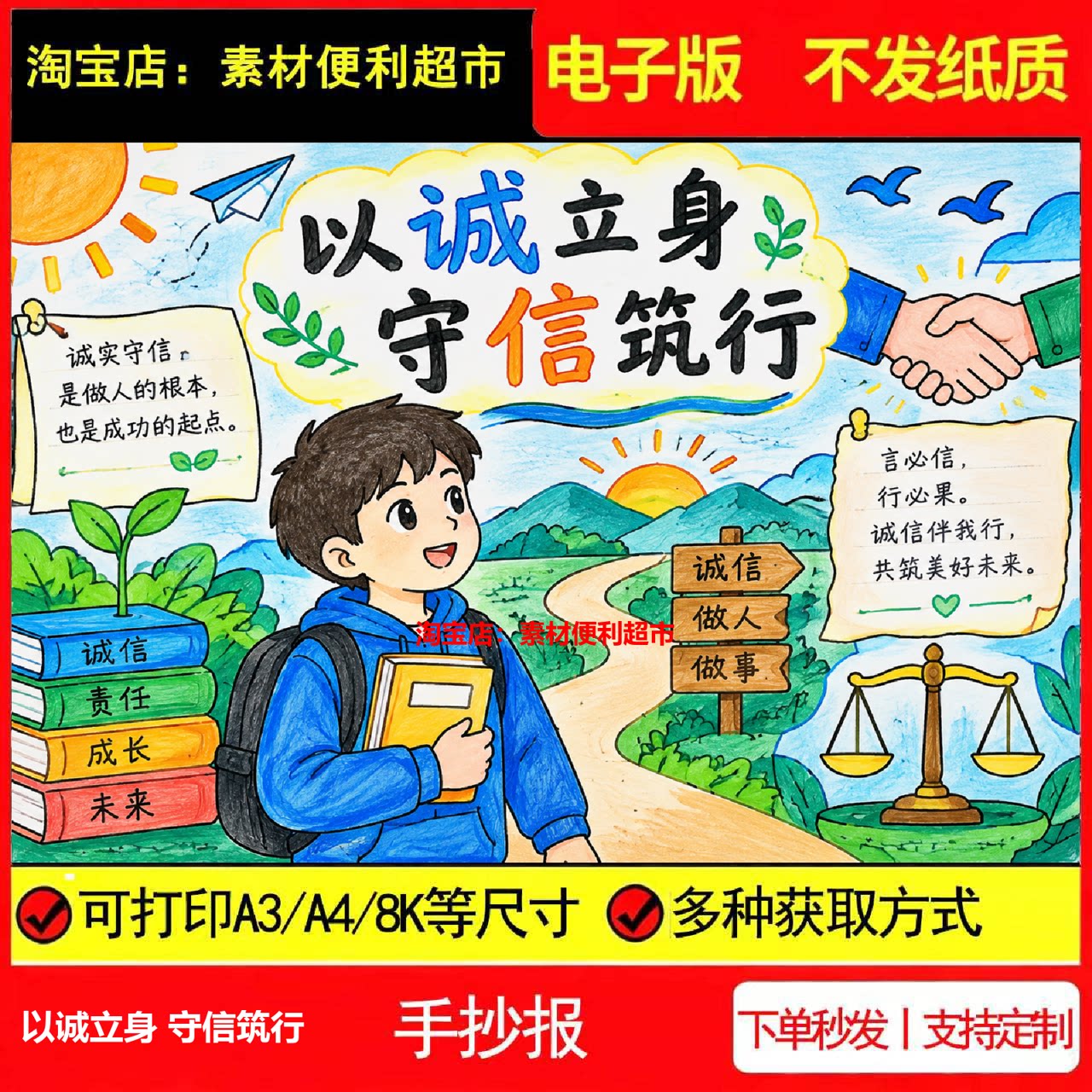 以诚立身守信筑行手抄报电子模板做人根本成功起点美好线稿手绘