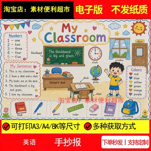 My Classroom我的教室手抄报电子模板英语学习线稿英文手绘小报