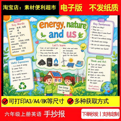 energy，nature and us手抄报电子新pep版六年级上册英语线稿报