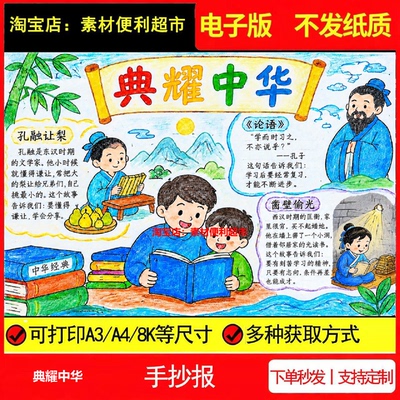 典耀中华手抄报电子模板孔融让梨论语凿壁偷光经典孔子线稿手绘