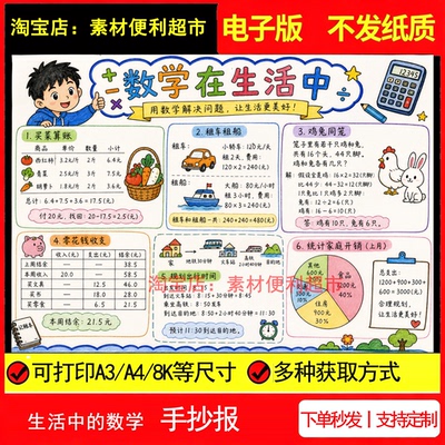 生活中的数学手抄报电子模板买菜算账零花钱收支算数线稿手绘