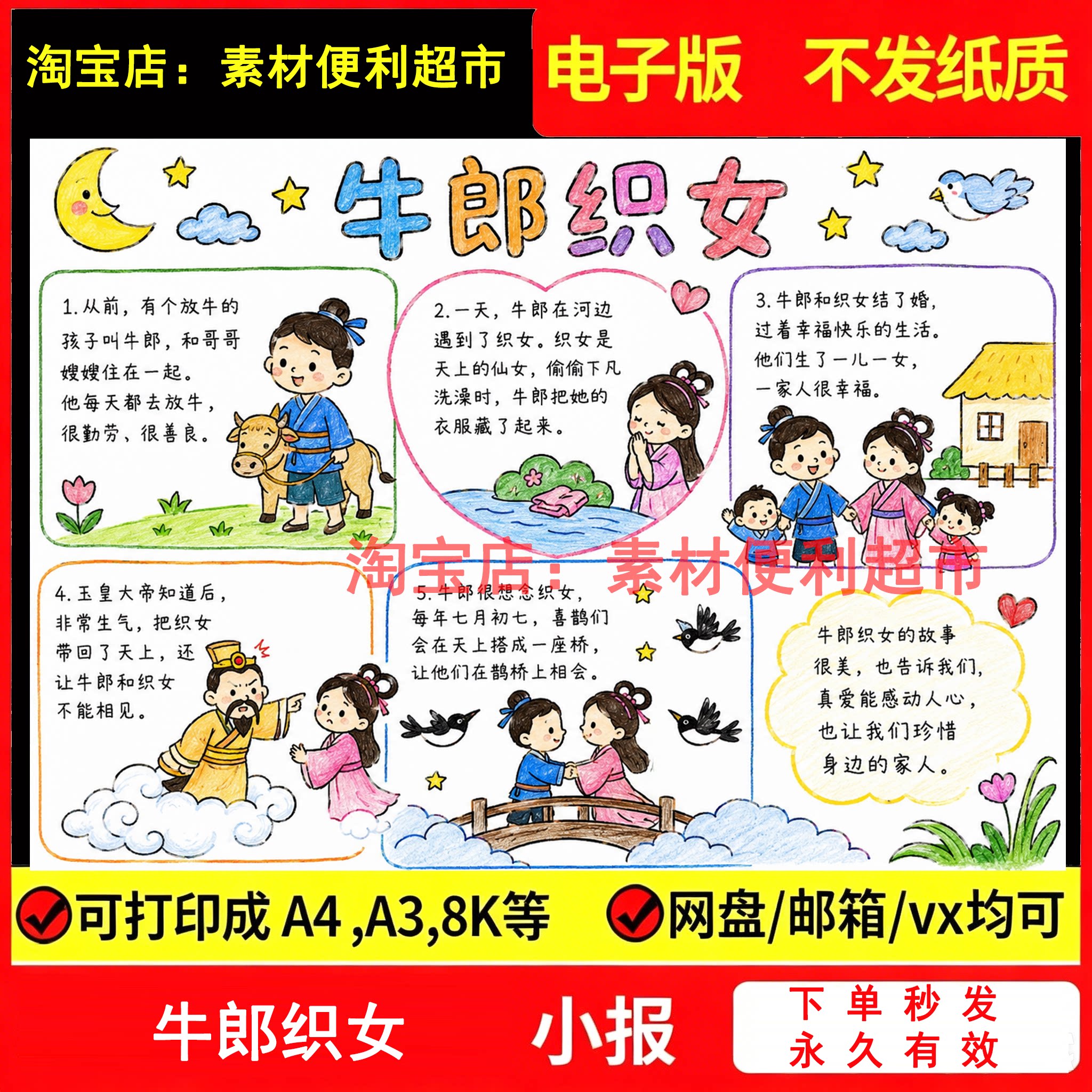 牛郎织女手抄报连环画电子主题绘画中国民间古代神话故事手绘作业