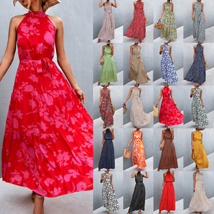 2022 summer new polka dot print halter neck strap dress