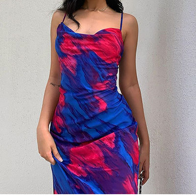 Vacation style long skirt V-neck strap print tight dress