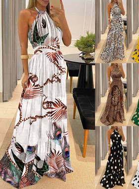 Summer neck hanging strap printed long skirt for women 女裙