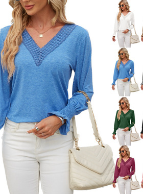 Solid color v-neck stitched long sleeved T-shirt shirt女上衣