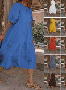 women's new summer dress casual beach dress 纯色休闲连衣长裙