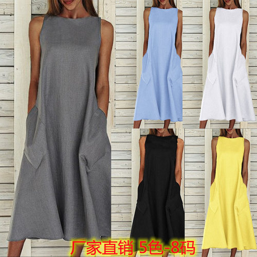 夏季休闲纯色有兜长款女士连衣裙