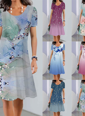 Printed short-sleeved crew-neck mid-length dress印花圆领长裙