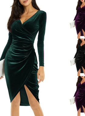 V-neck wrap hip sexy cross midlength dress cocktail gown女裙