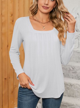Square neck casual long sleeve T-shirt top 简约方领T恤上衣女