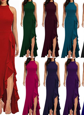 Summer new sexy split ruffled evening dress性感荷叶边连衣裙