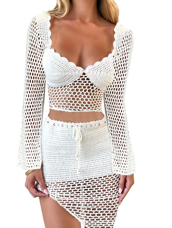 Sexy Hollow out long-sleeved irregular midriff skirt suit 女