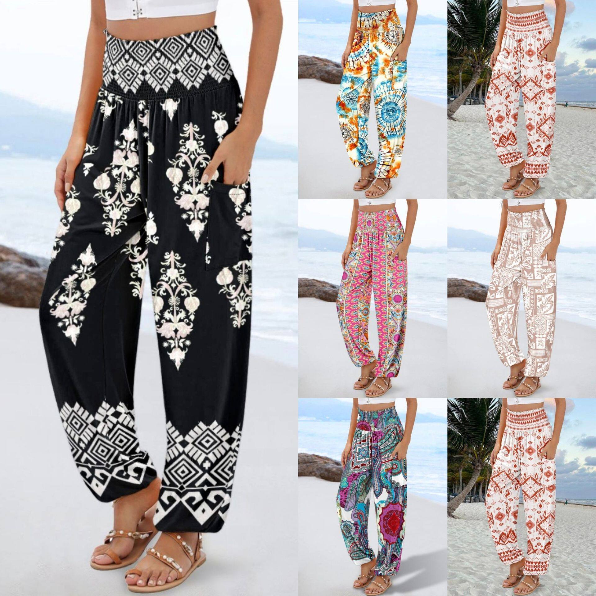 Loose high-waisted printed casual pants 宽松高腰印花长裤女