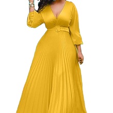 Yellow high waist solid color temperament long sleeve dress