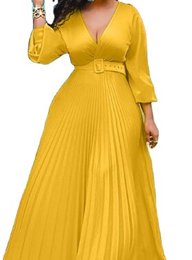 Yellow high waist solid color temperament long sleeve dress